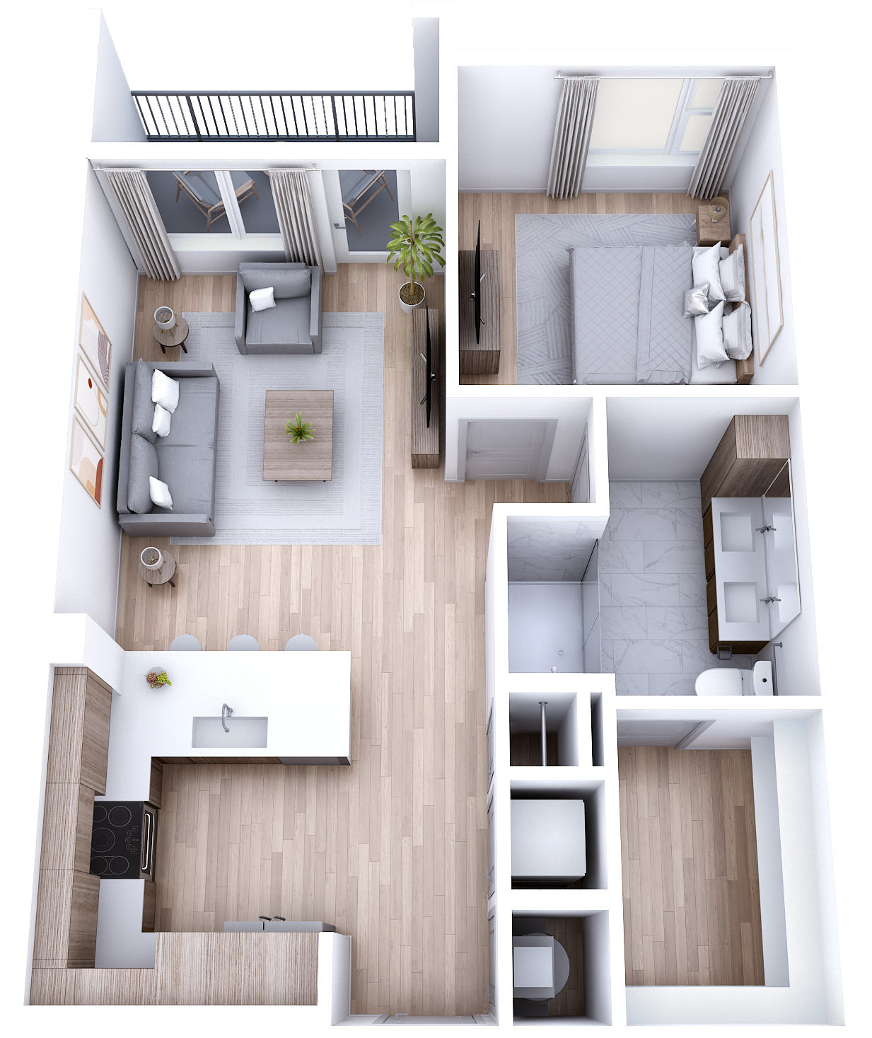 A 3d floor plan of a small apartment with a bedroom , living room , and kitchen.