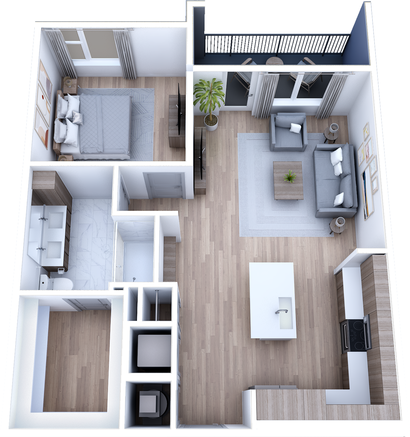 A 3d floor plan of a house with a bedroom , living room , and kitchen.