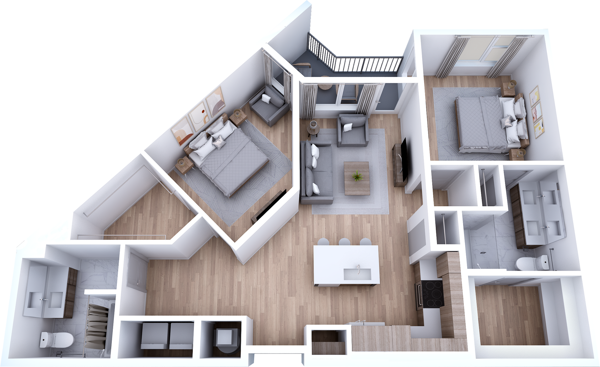 A 3d floor plan of a house with a bedroom , living room , and kitchen.