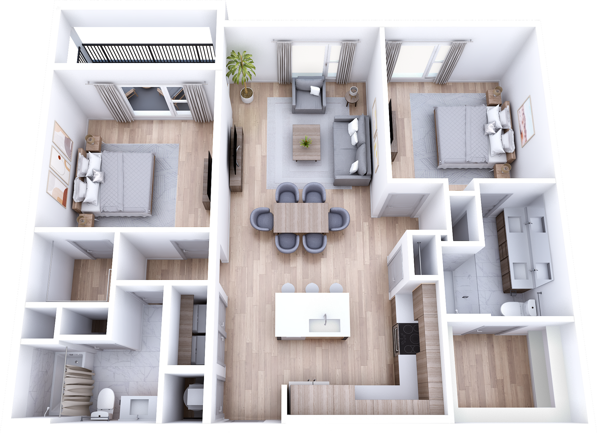 A 3d floor plan of a house with a bedroom , living room , dining room , and kitchen.