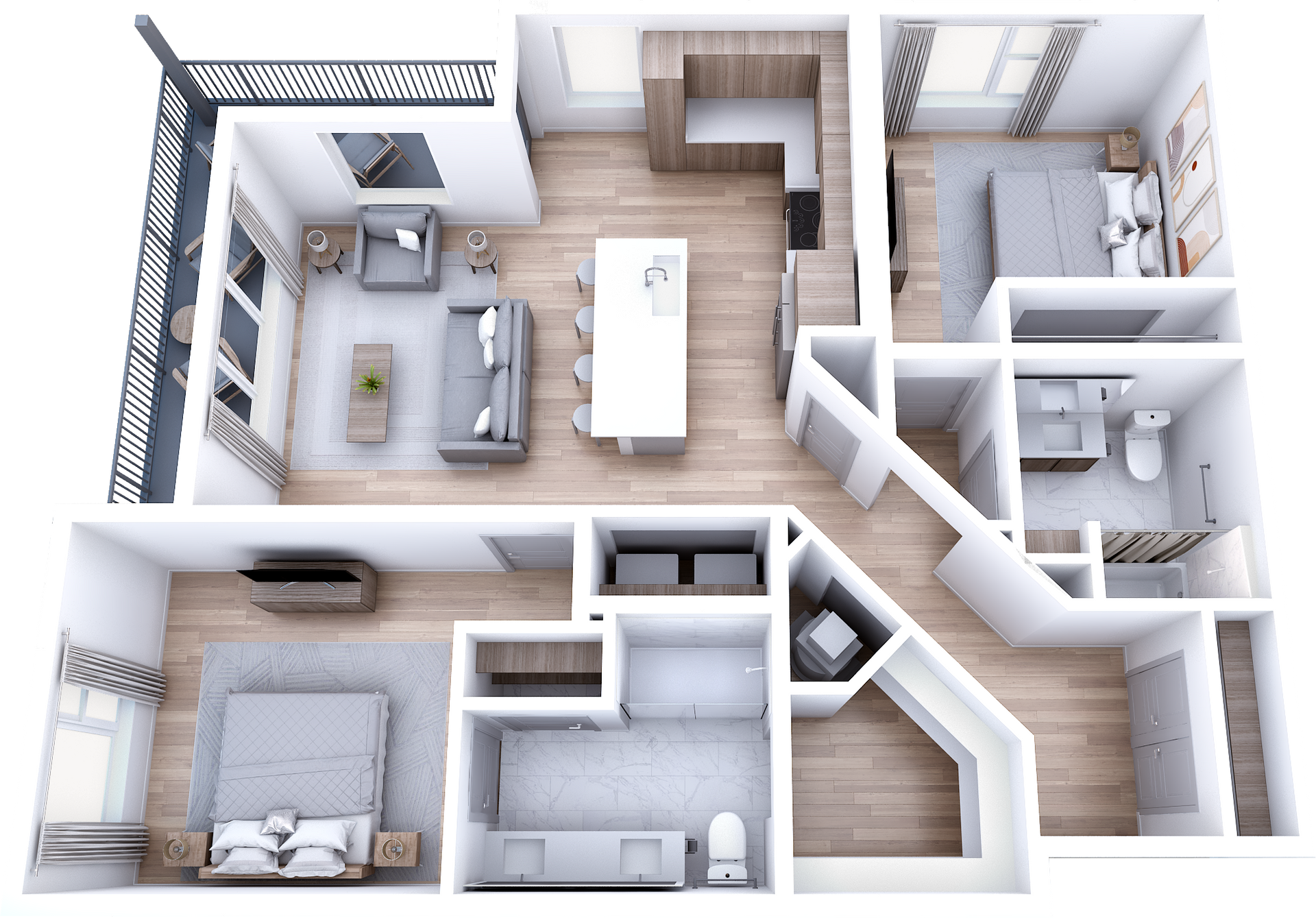 A 3d floor plan of a house with a bedroom , living room , and kitchen.