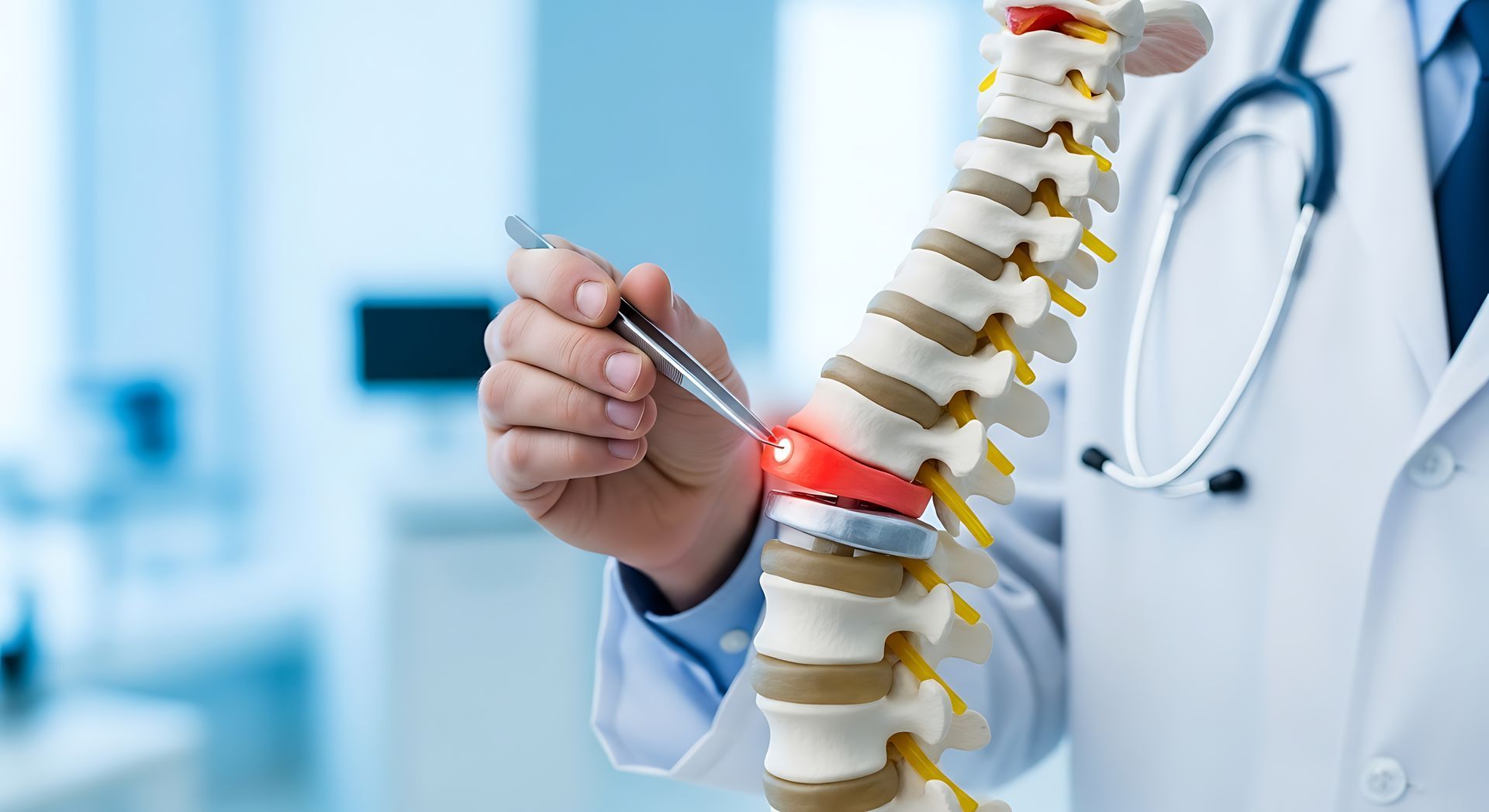 Doctor pointing to a spinal model with a medical instrument in a clinic setting.