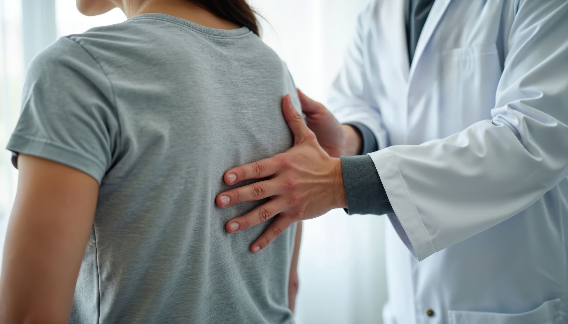 A chronic pain management physician examining a patient’s back during a consultation. Doctor examines a patient's back, hand on the spine. Both are indoors, with neutral tones.
