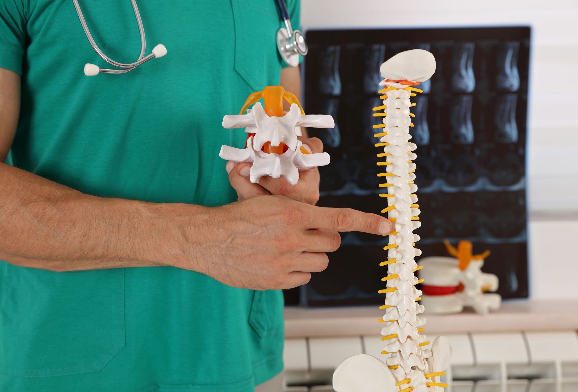 Back pain relief concept highlighting a back pain physician demonstrating causes with spine model. Doctor pointing at spinal column model with X-rays in background.