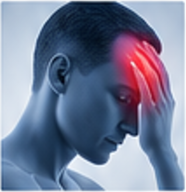 Person holding a glowing red forehead, suggesting a headache or pain.