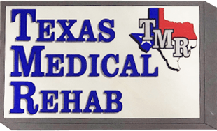 Sign for Texas Medical Rehab, blue text on white, Texas outline, colors: red, white, blue, gray frame.