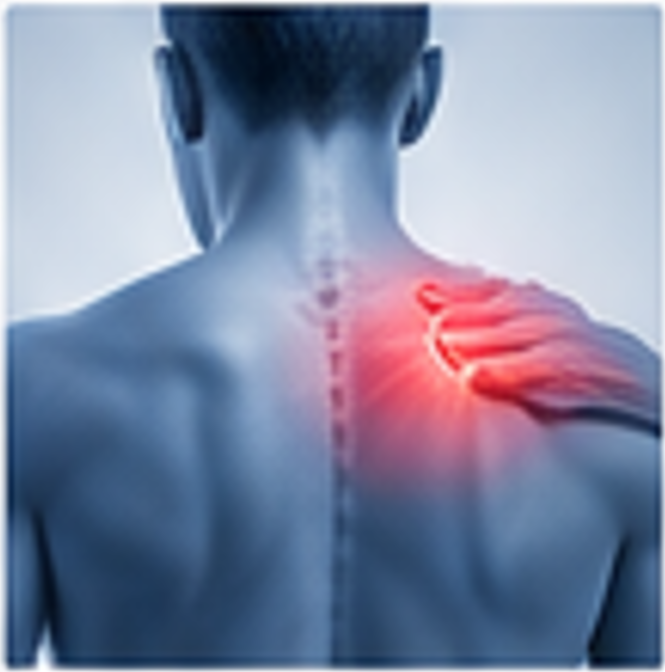 Person holding shoulder with glowing red pain spot on upper back and neck