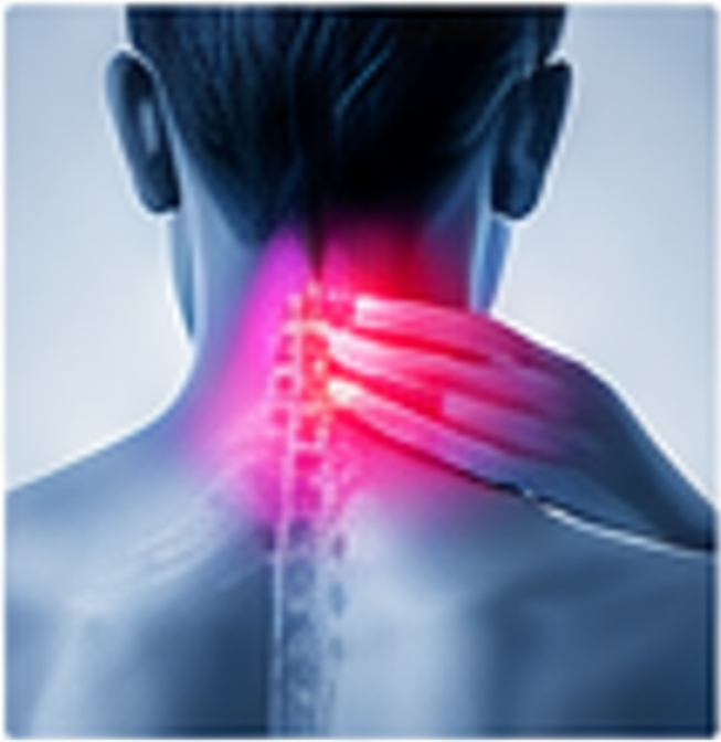 Person holding a glowing pink neck, showing pain in the upper spine area