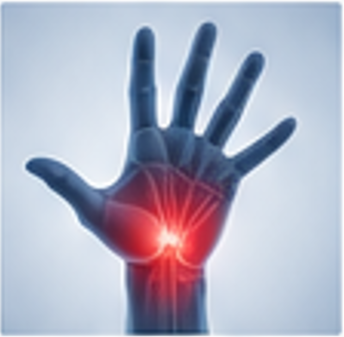 X-ray of hand with red glow at the wrist, indicating pain or injury