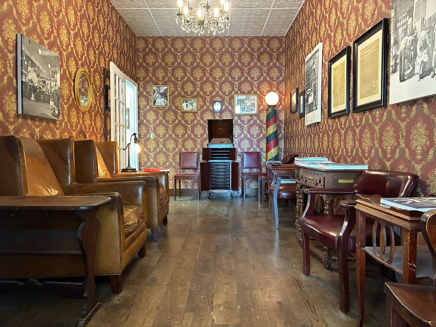 Traditional barbershop waiting area showcasing classic barber shop atmosphere at Swagger & Blade in Monmouth County, NJ.