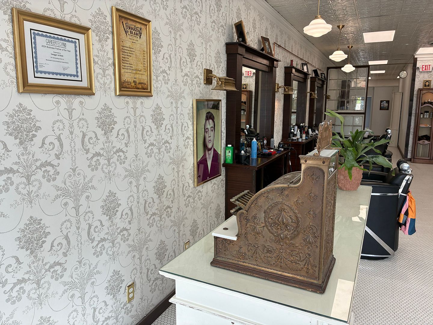 Interior view of Swagger & Blade barbershop featuring premium grooming stations in Monmouth County, New Jersey.