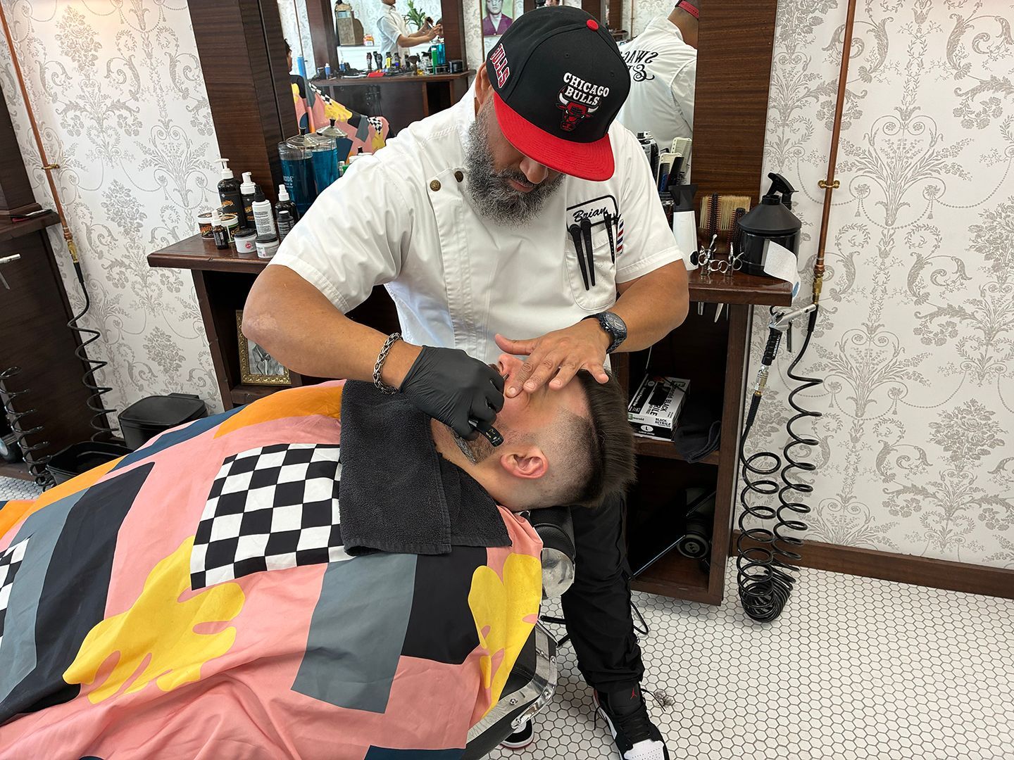 Traditional hot towel grooming service provided at Swagger & Blade barbershop in Monmouth County, New Jersey.