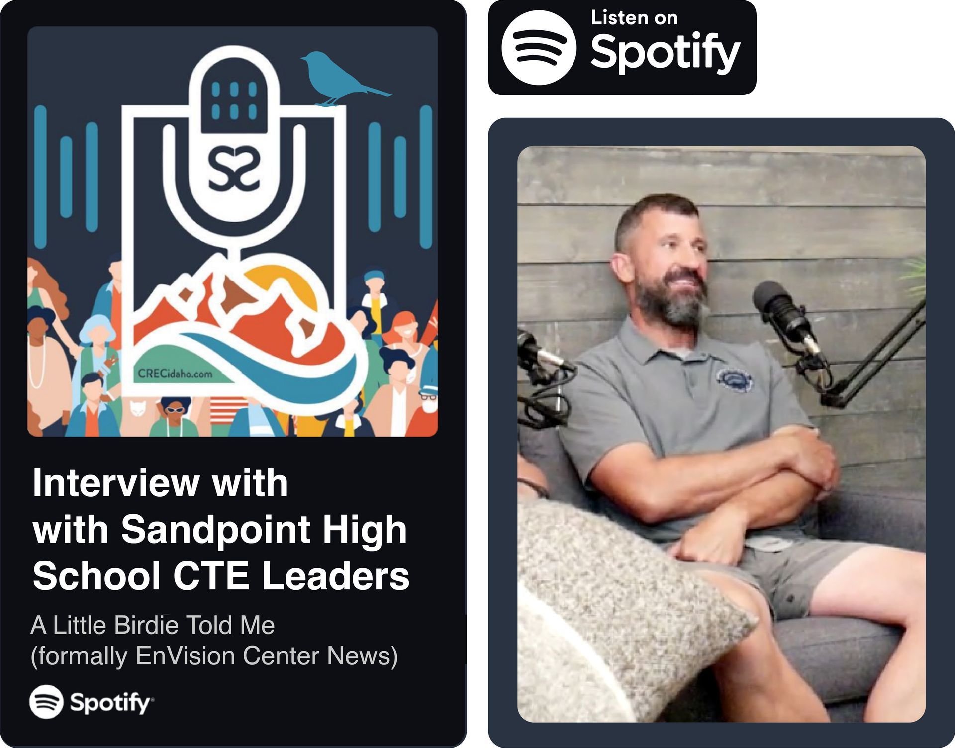 Spotify episode of A Little Birdie Told Me with Sandpiont High School CTE program and Jeralyn Mire and Alex Gray.