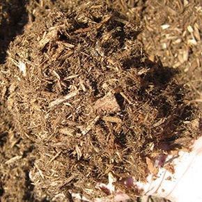 Brown mulch being held in a hand, close-up.