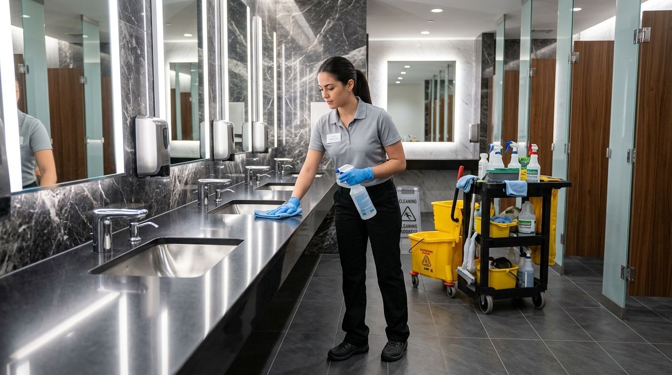 Janitorial staff disinfecting public restroom sinks in commercial building in Savage, MN