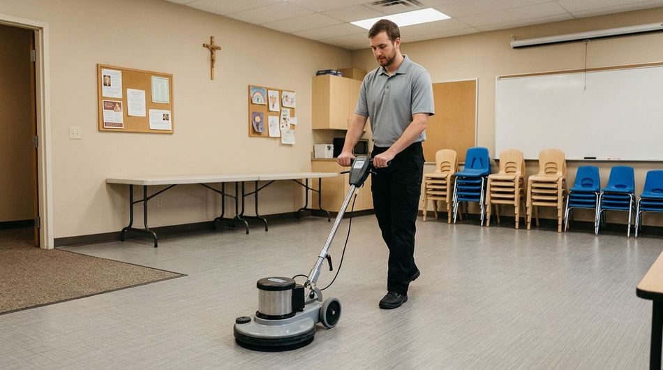 Professional cleaner, buffing, multipurpose room floor with floor machine near stacked chairs and bulletin board, Savage, MN