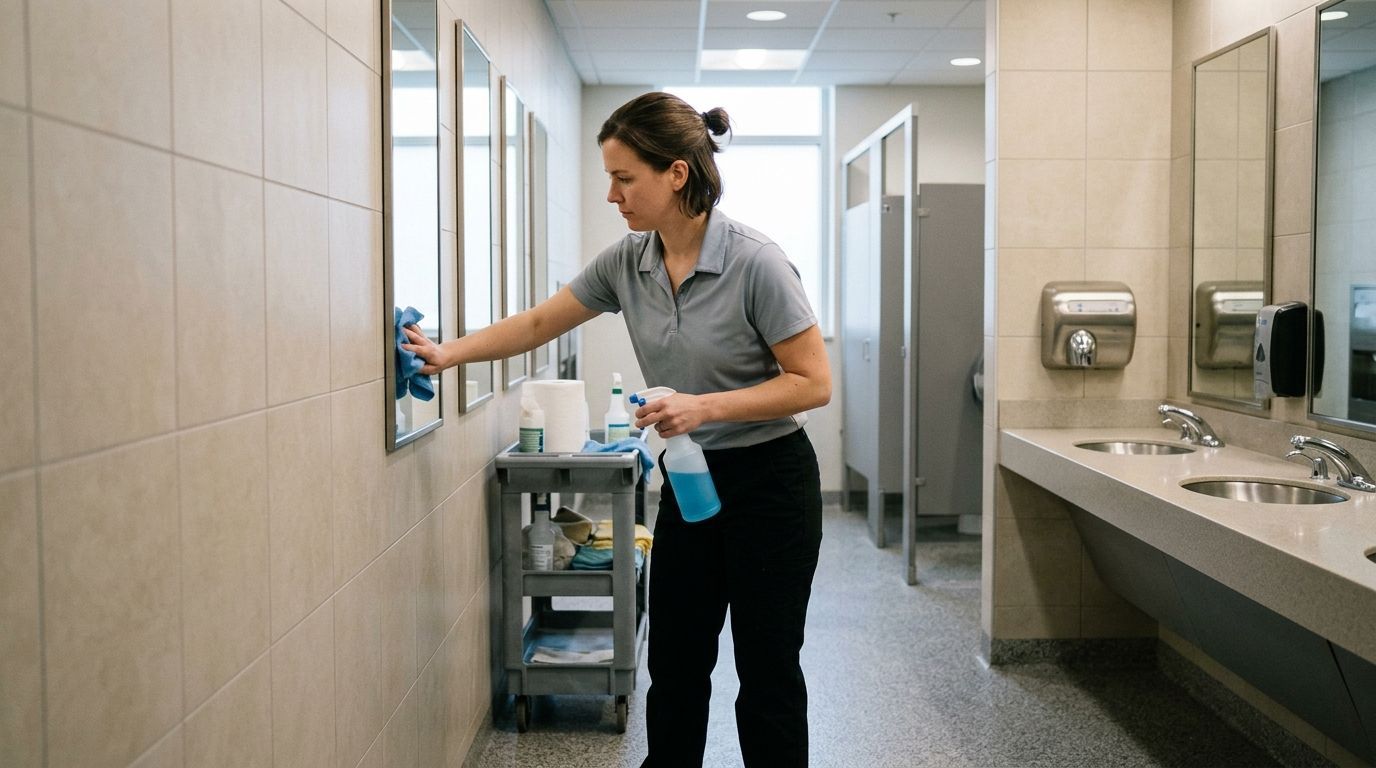 Professional cleaner cleaning restroom mirrors and disinfecting sinks in commercial facility in Savage, MN