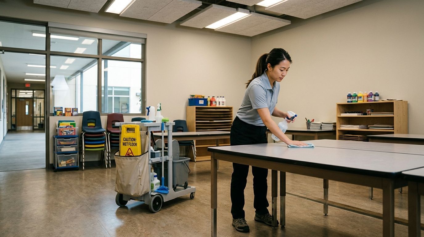 A professional cleaner disinfecting activity room tables and classroom surfaces in Savage, MN