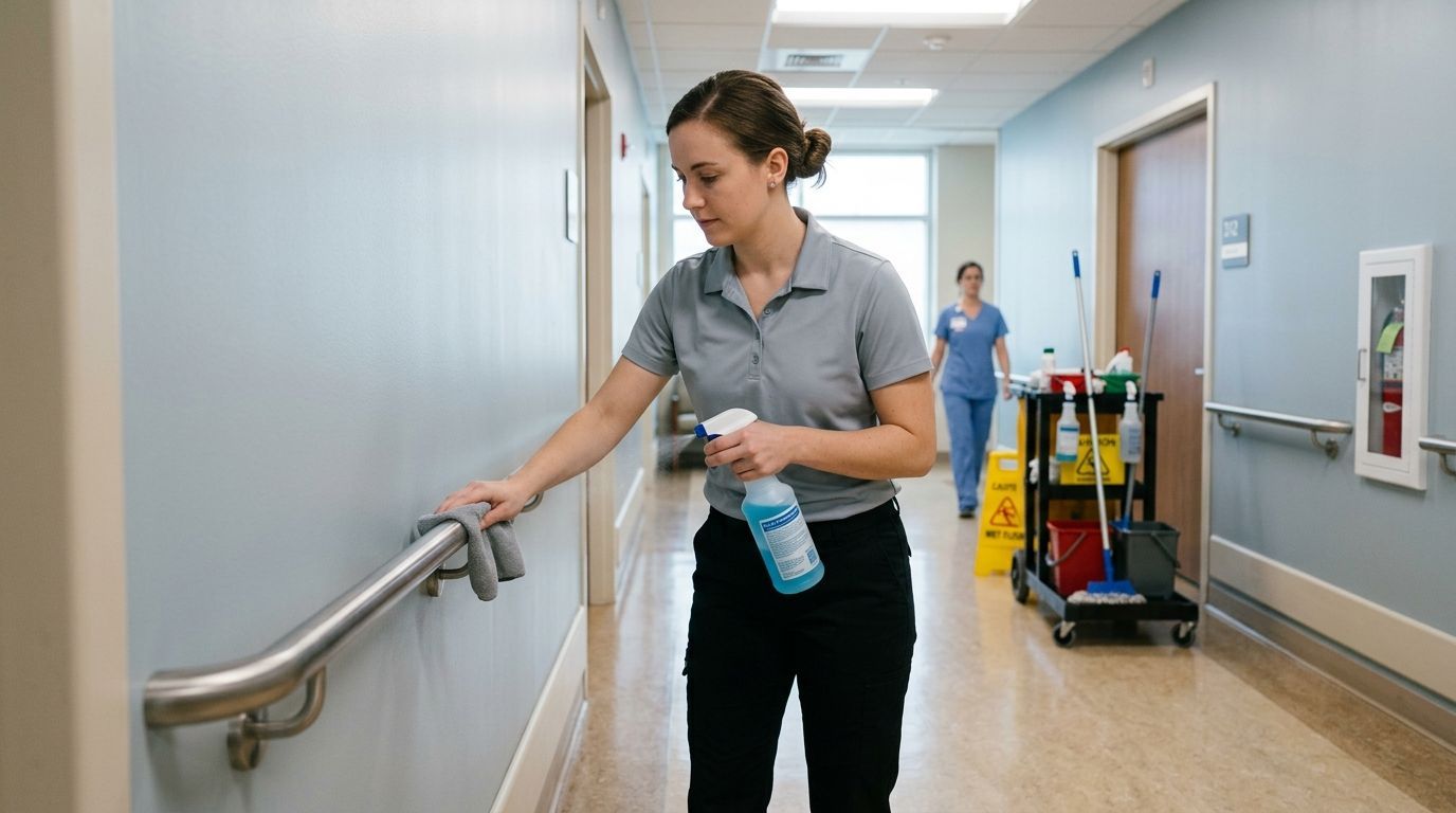 Professional cleaner disinfecting handrails in medical hallway to reduce germ spread in Savage, MN