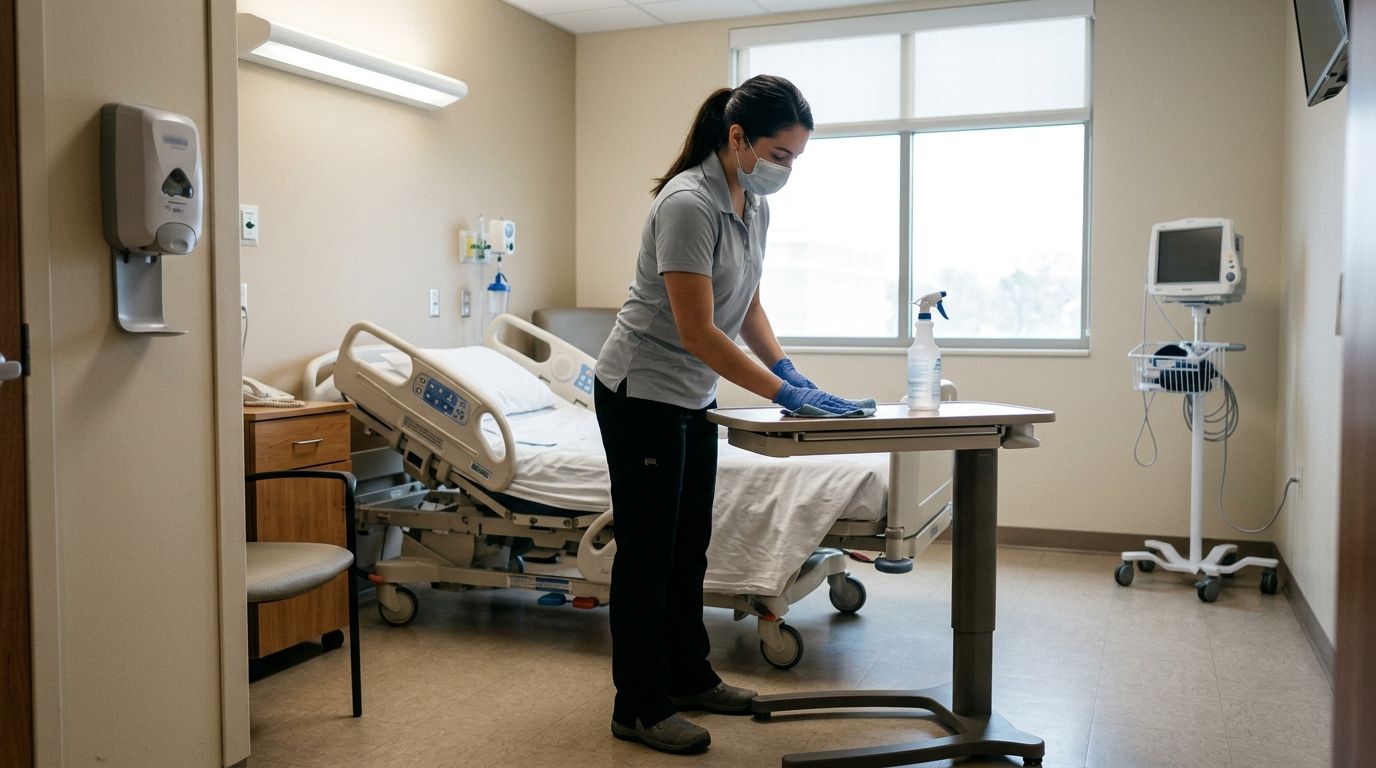 Professional cleaner disinfecting patient room surfaces and hospital bed area in Savage, MN