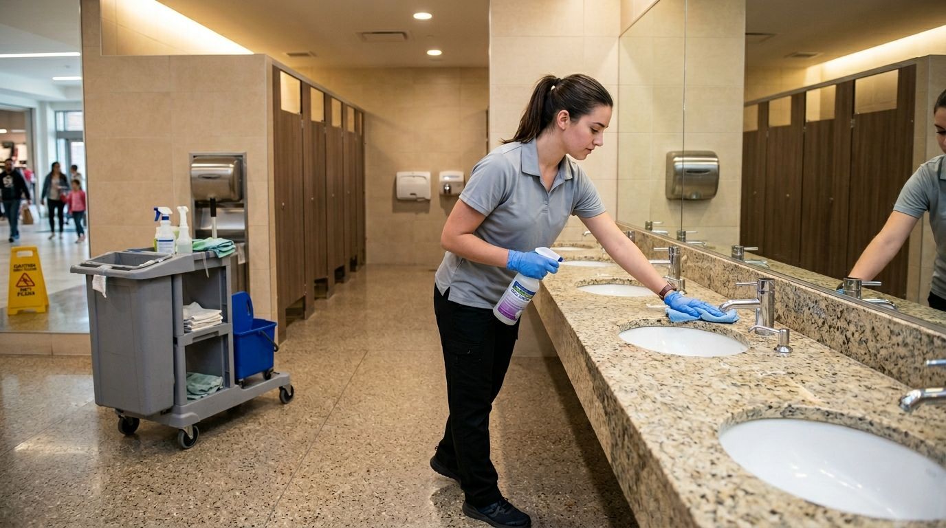 Janitor cleaning public restroom sinks in shopping center in Savage, MN