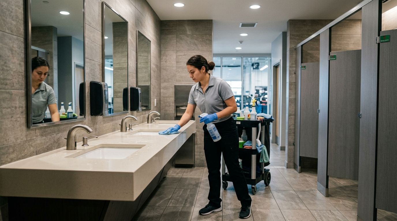 A professional cleaner disinfecting restroom sink countertop with microfiber cloth and spray bottle beside cleaning cart in a commercial facility Savage, MN