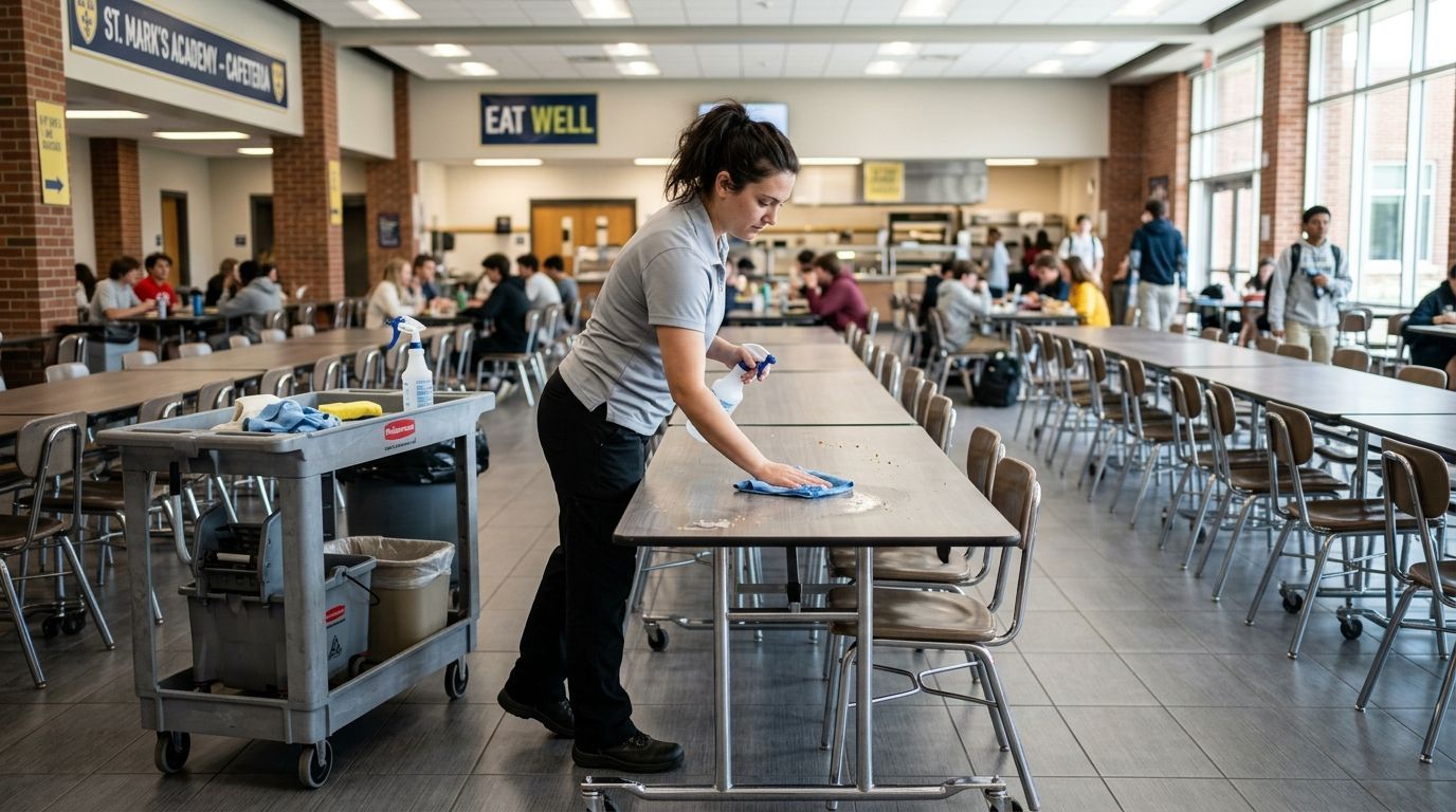 A professional cleaner disinfecting school cafeteria tables after student lunch service in Savage, MN