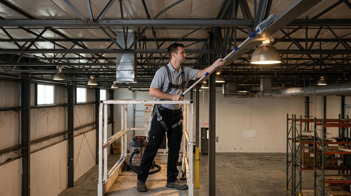 A professional cleaner dusting overhead steel beams from a lift platform in an industrial warehouse in Savage, MN