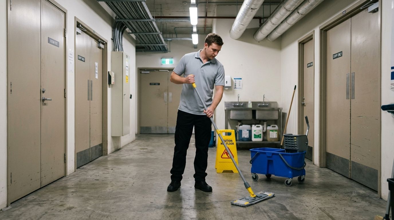 Commercial cleaner mopping service hallway floor in retail facility in Savage, MN