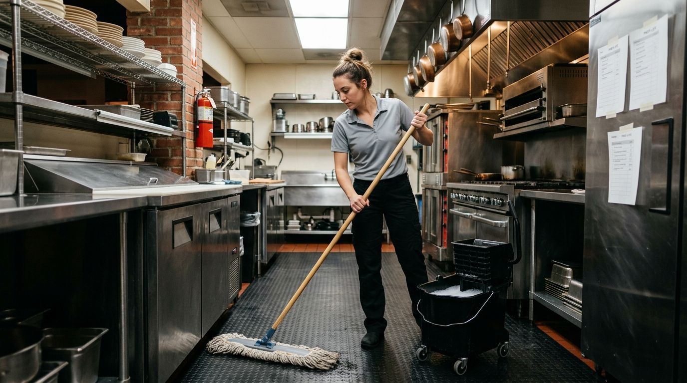 Professional cleaner mopping restaurant kitchen floor and rubber mat beside stainless steel prep equipment Savage, MN