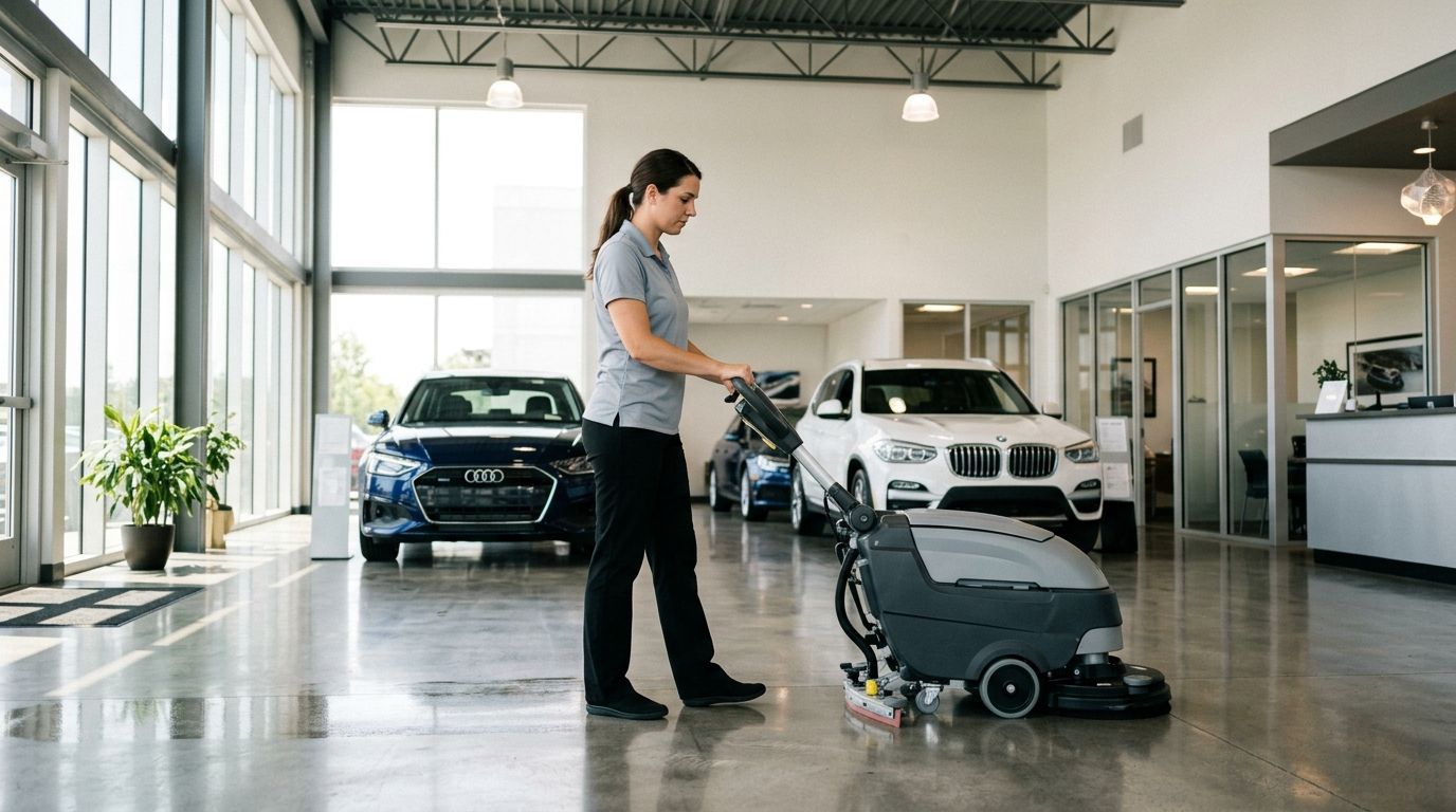Professional cleaner operating floor scrubber on polished auto dealership showroom floor near vehicle displays, Savage, MN