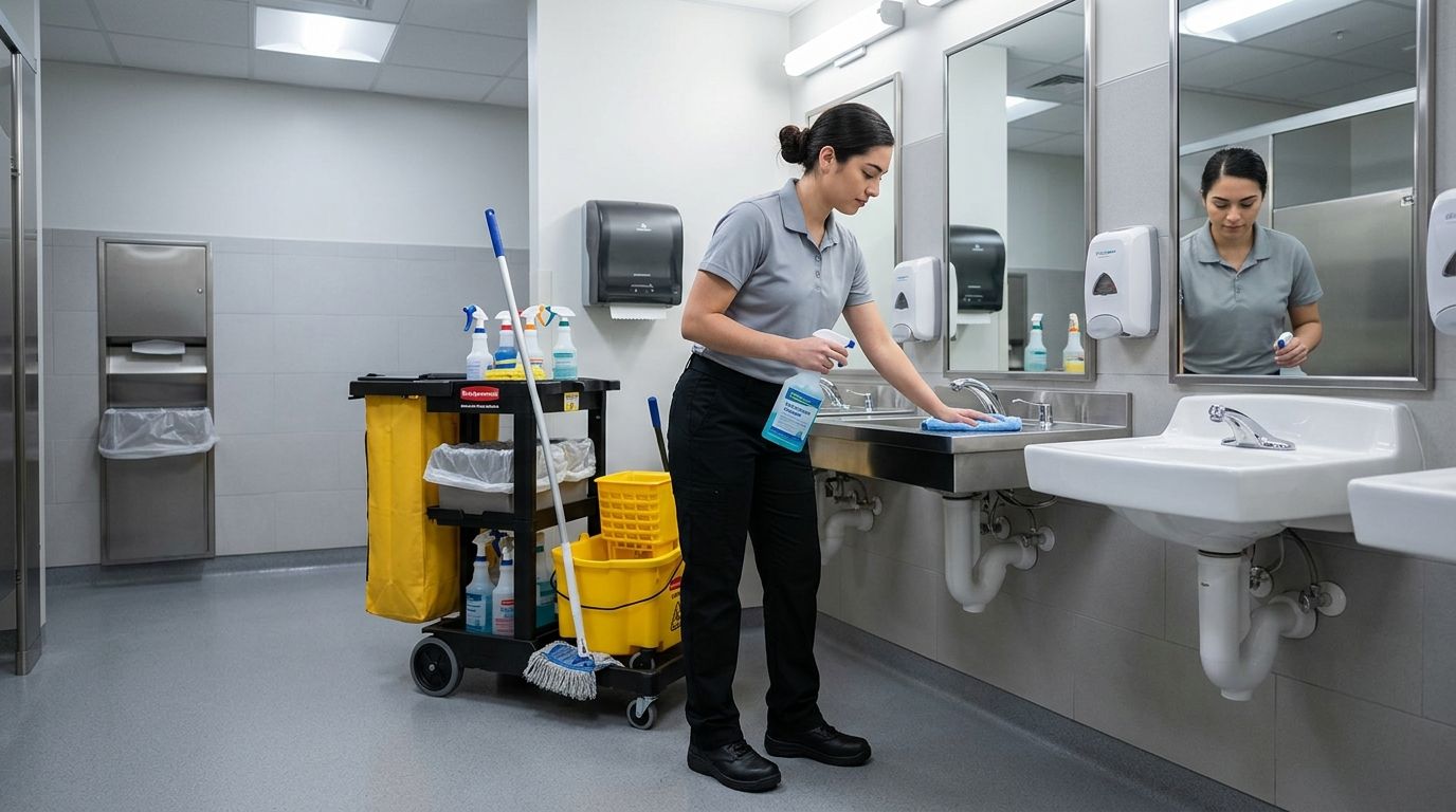 Professional cleaner sanitizing commercial restroom sinks and mirrors in a healthcare facility in Savage, MN