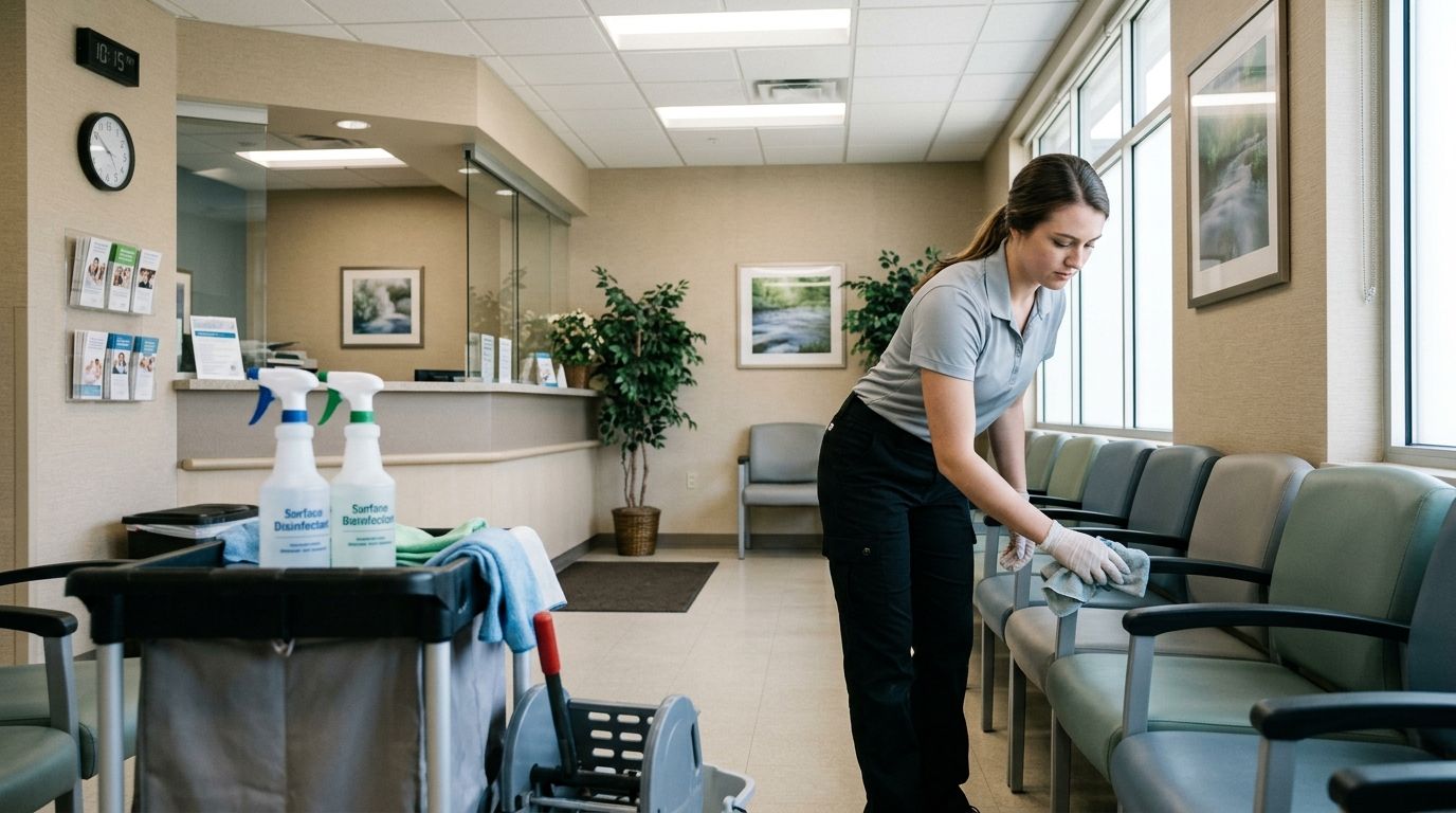 Professional cleaner sanitizing medical waiting room chairs and high-touch surfaces in Savage, MN