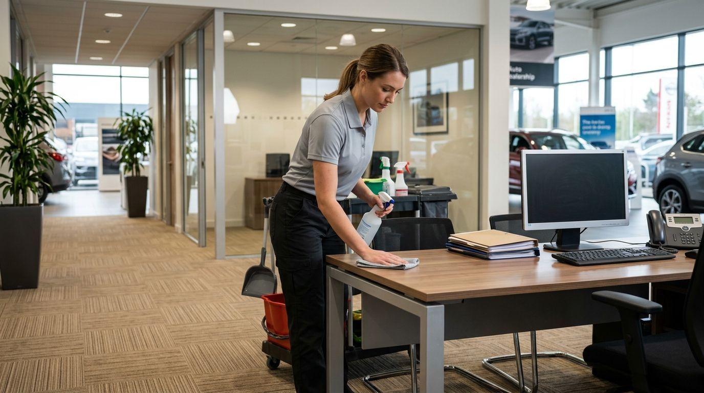 Professional cleaner sanitizing office desk and customer paperwork area inside auto dealership Savage, MN