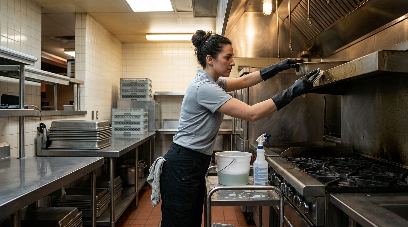 Professional cleaner scrubbing commercial kitchen exhaust hood to remove grease buildup in Savage, MN