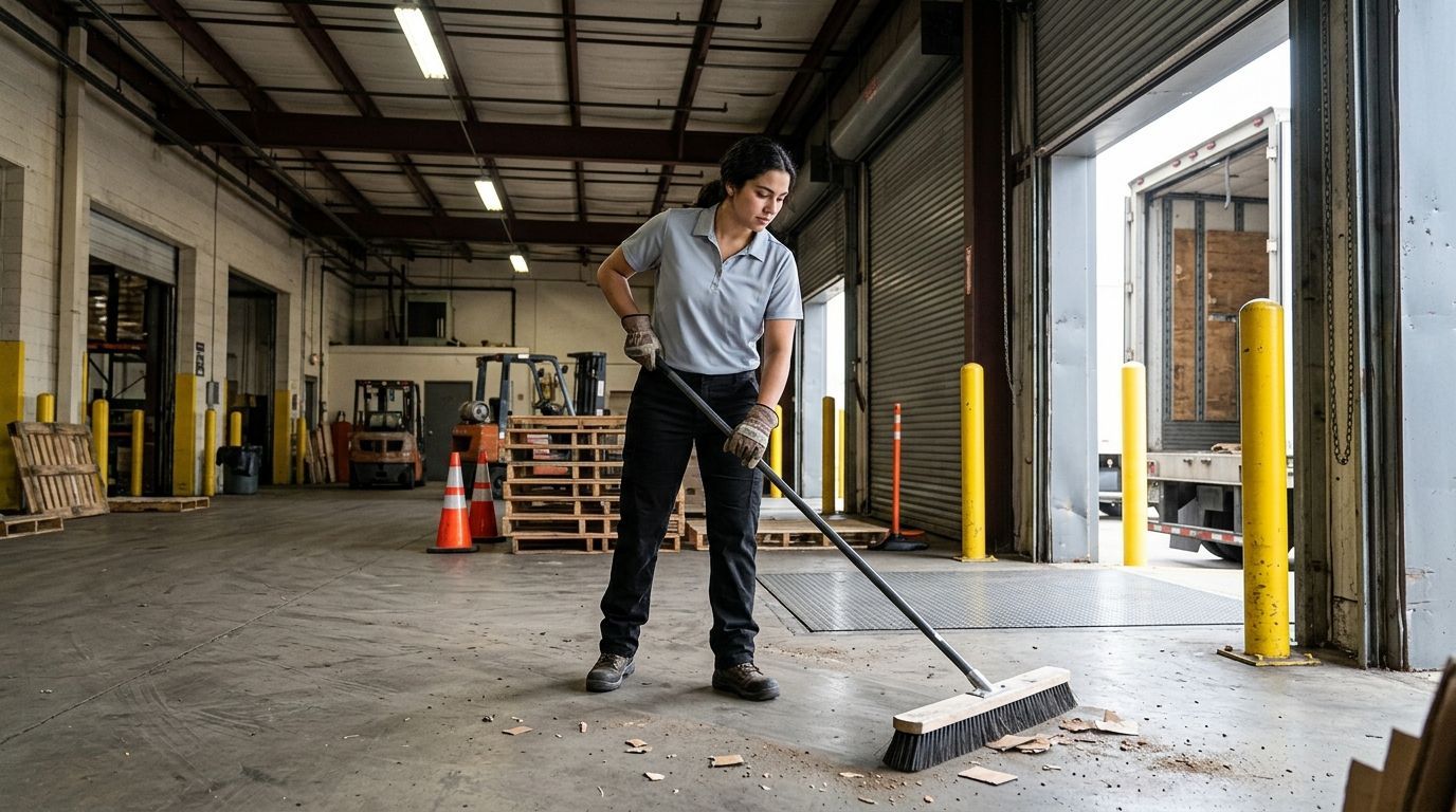 A professional cleaner sweeping debris from loading dock floor near open truck bay and pallets in Savage, MN