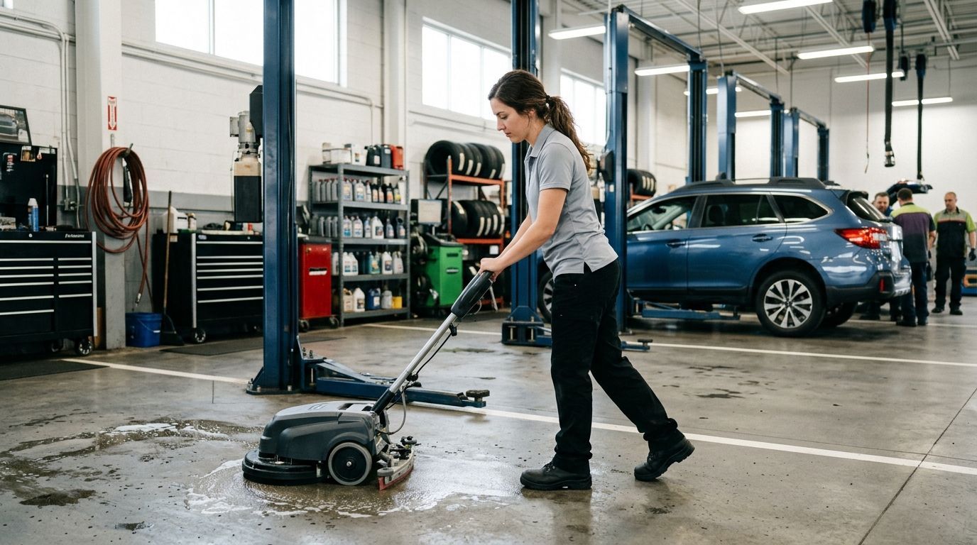 Professional cleaner using floor scrubber to deep clean auto service bay floor around vehicle lifts, Savage, MN