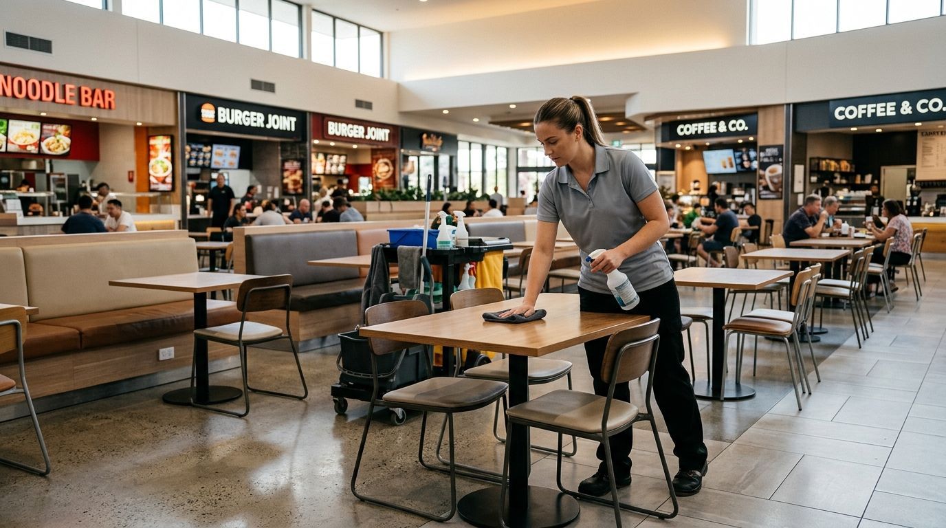 A commercial cleaner wiping tables in shopping mall food court in Savage, MN.