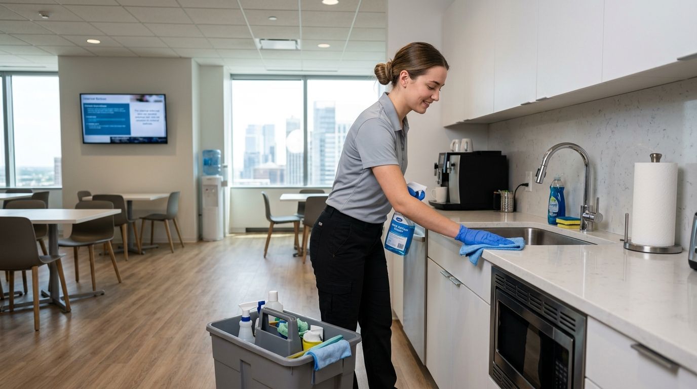 Professional cleaner wiping down breakroom counters and sanitizing kitchen surfaces in Savage, MN