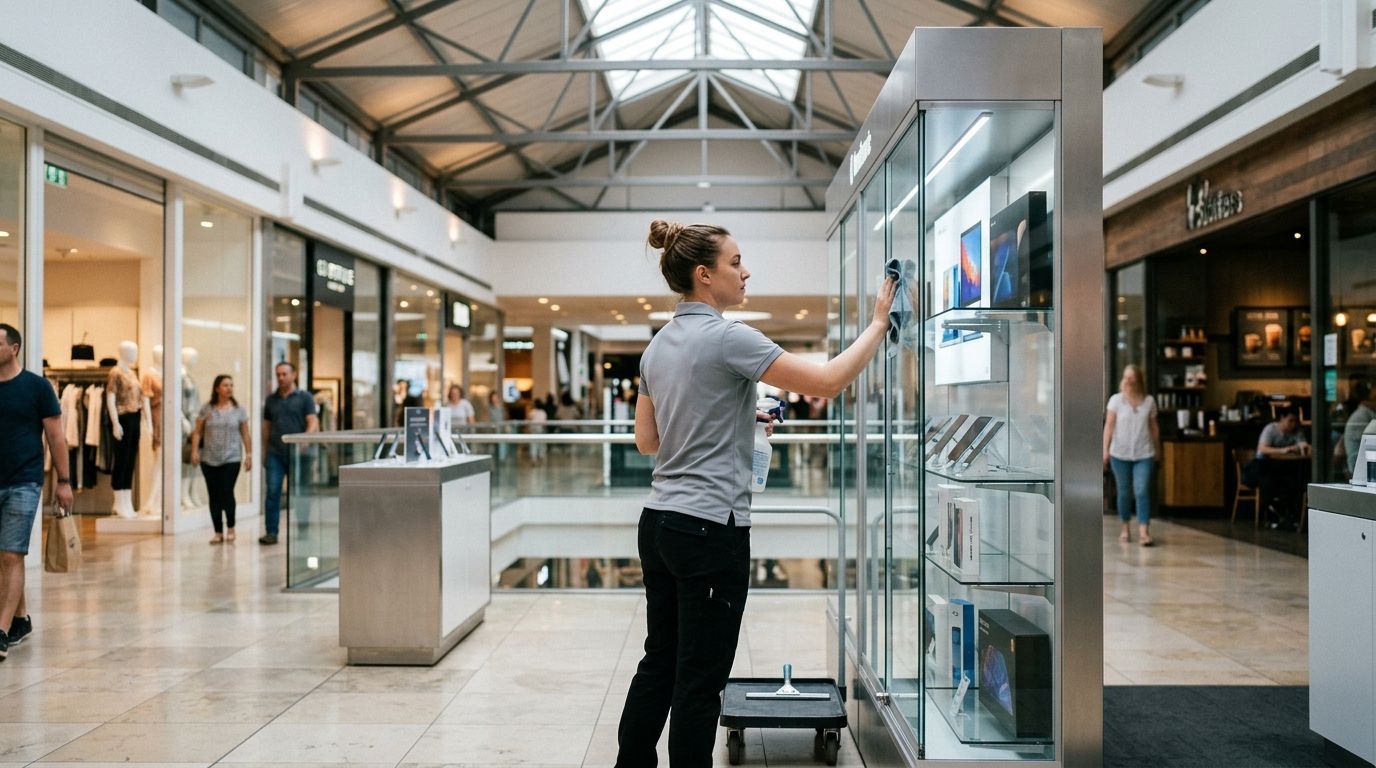 Cleaning staff disinfecting retail display case in shopping center in Savage, MN