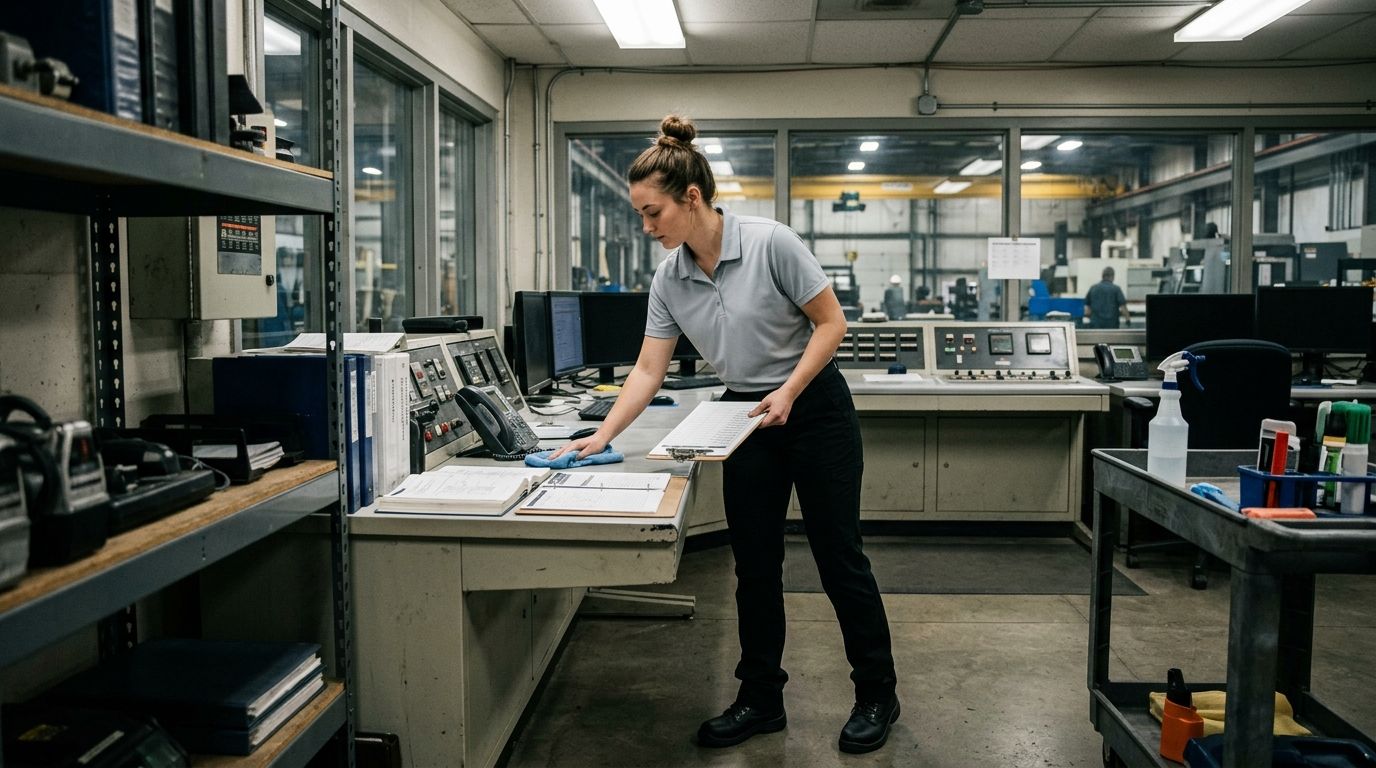 A professional cleaner wiping industrial control room workstation and phone with microfiber cloth in Savage, MN