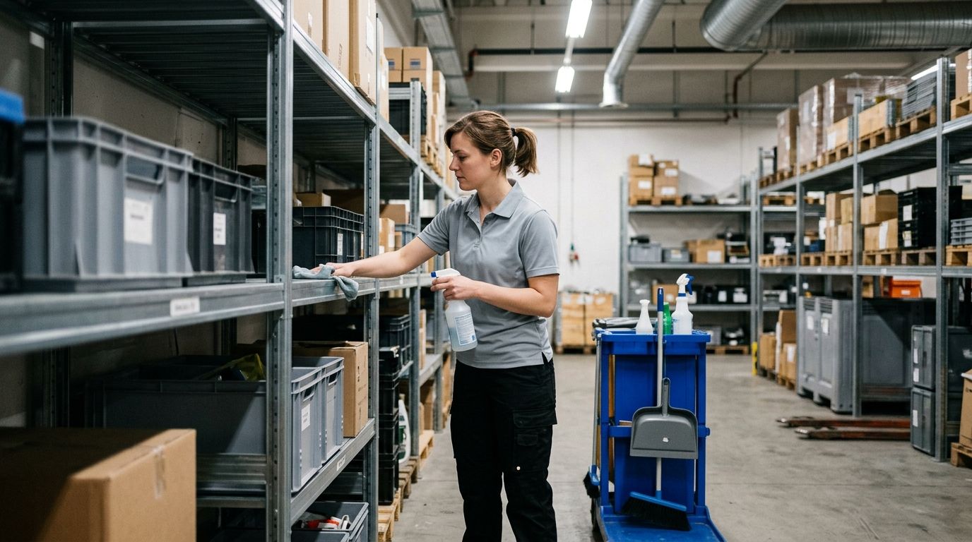 A professional cleaner wiping metal storage shelves and bins in warehouse inventory area in Savage, MN