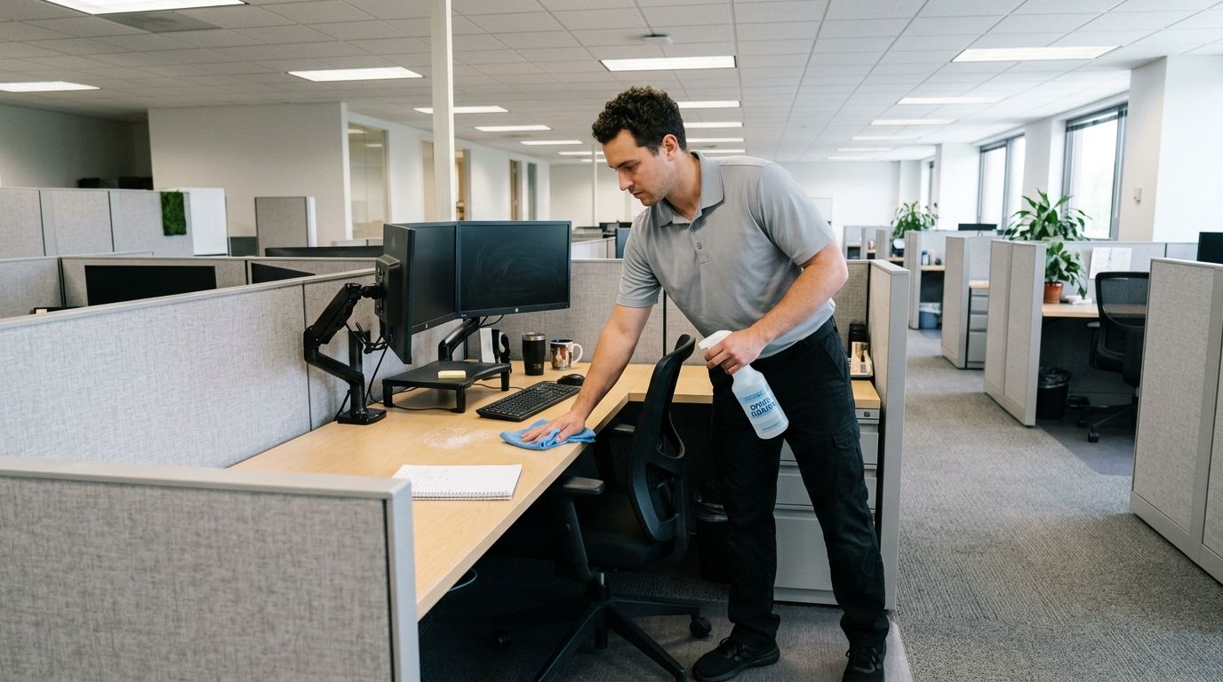 A professional cleaner wiping office desk and sanitizing workstation in cubicle area in Savage, MN