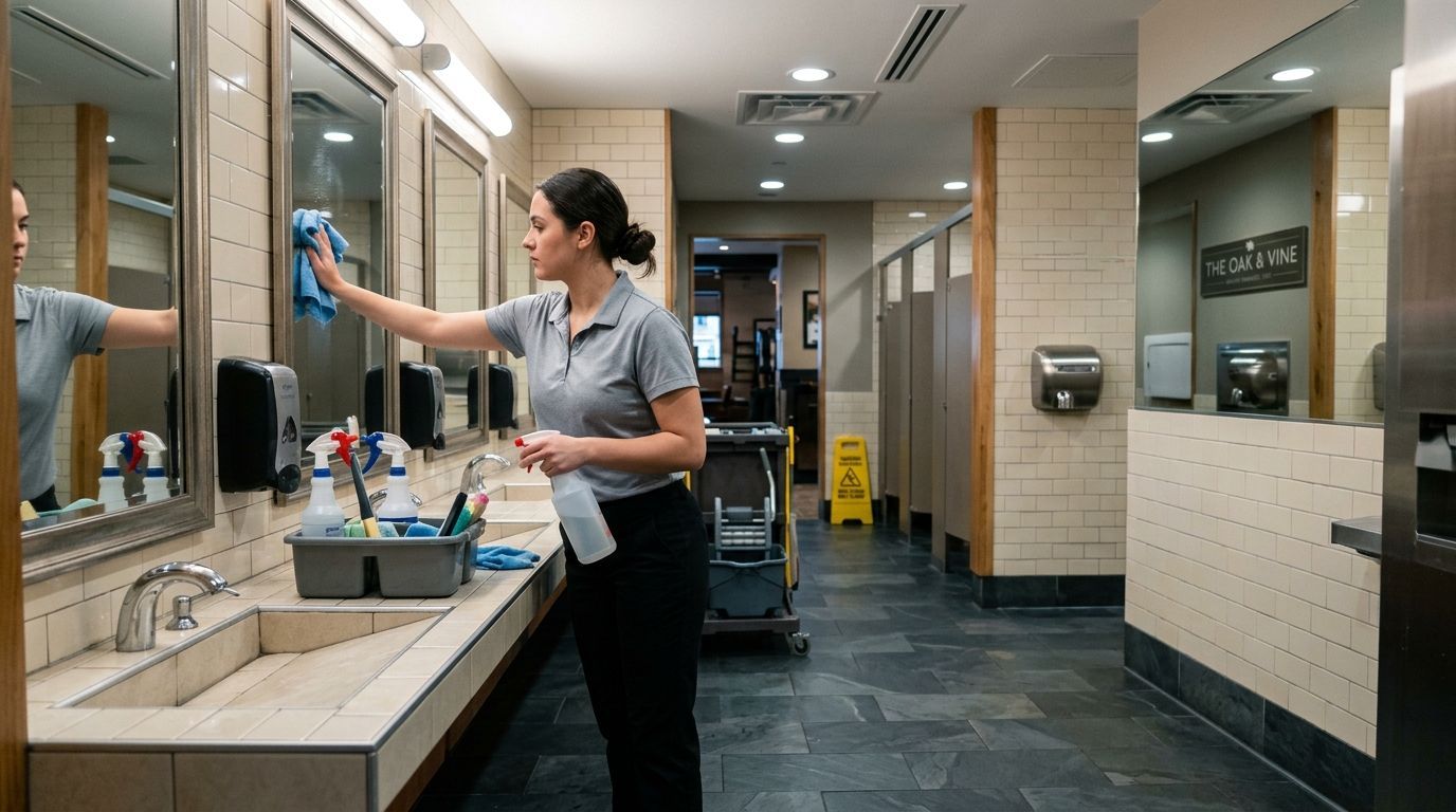 A professional cleaner wiping restroom mirrors and disinfecting sinks in commercial facility in Savage, MN