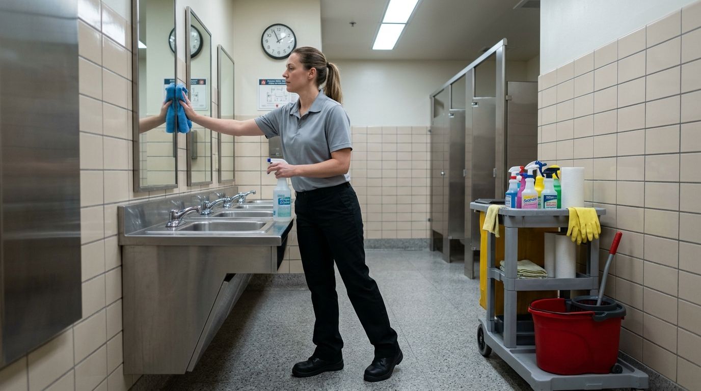 A professional cleaner wiping restroom mirrors and sanitizing sink area in school facility in Savage, MN
