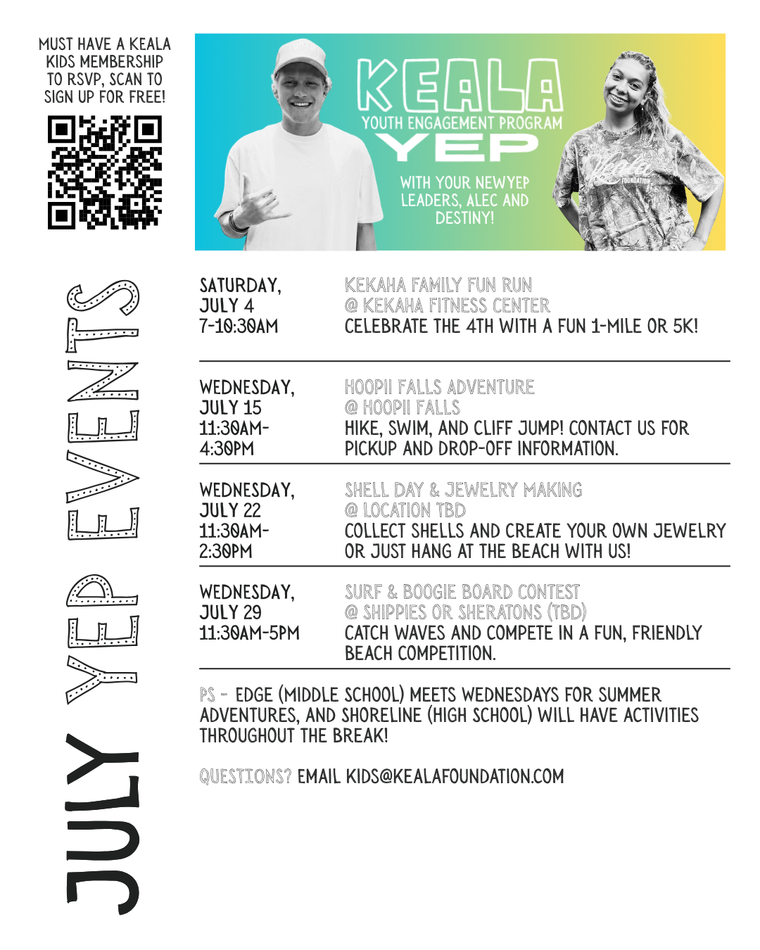 July youth event flyer with QR code, green header, and schedule details for June and July dates.