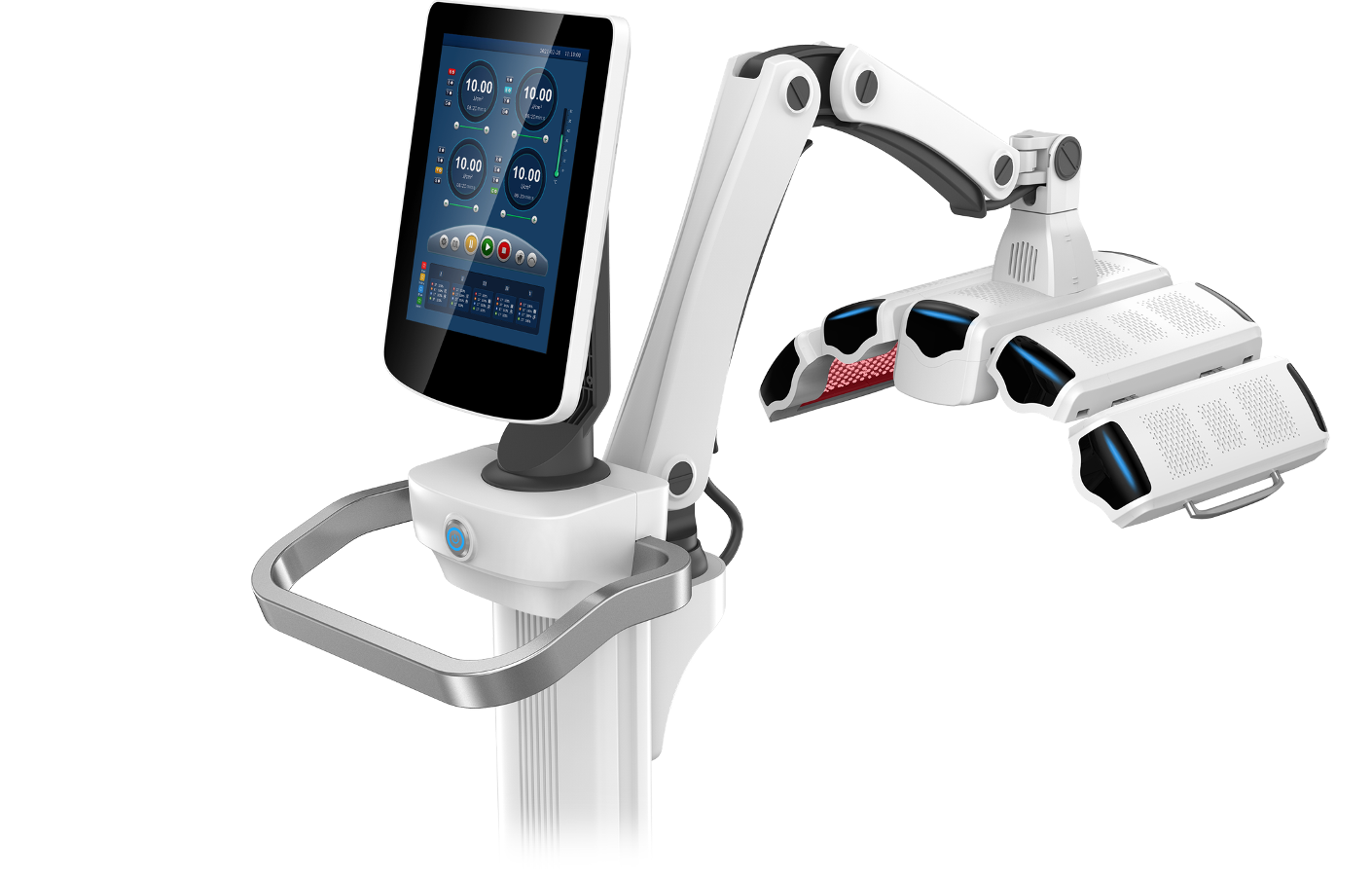 A robotic arm with a tablet attached to it.