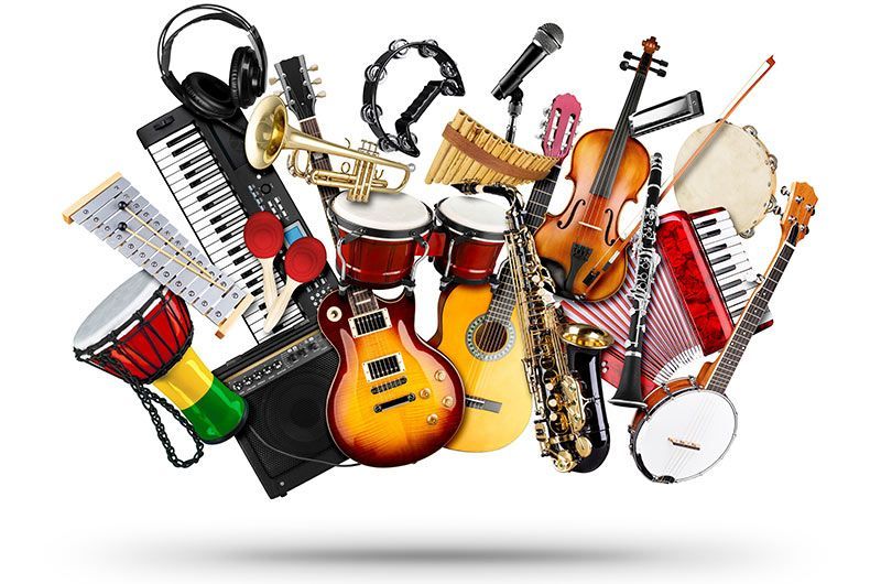 Collection of musical instruments floating against a white background; including a guitar, drums, and a saxophone. Electives & Clubs | Immanuel Lutheran School | Belvidere, IL