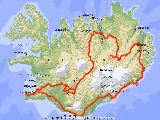 Een kaart van IJsland met een rode cirkel in het midden