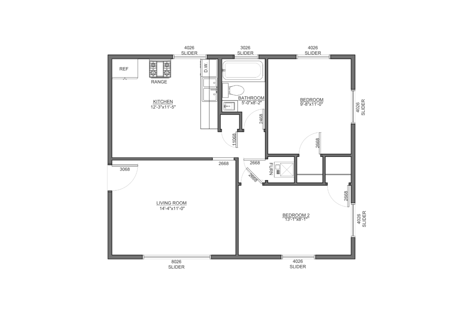 Black-and-white apartment floor plan with labeled rooms and dimensions